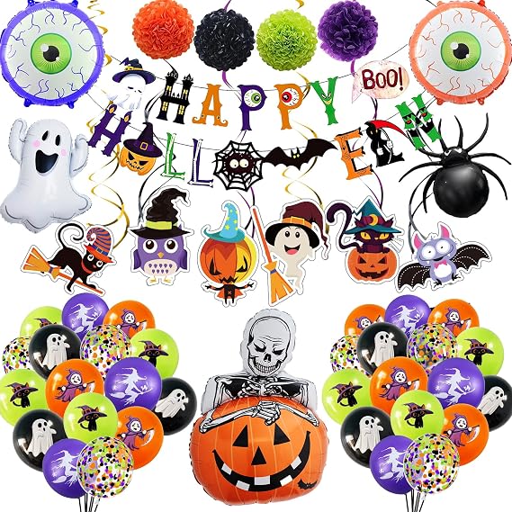 Halloween Party Decorations Set Banner, Balloon Arch Kit with White Ghost & Black Spider Foil Balloons, Swirl Streamers & Hanging Garland for Halloween Birthday Party Decorations