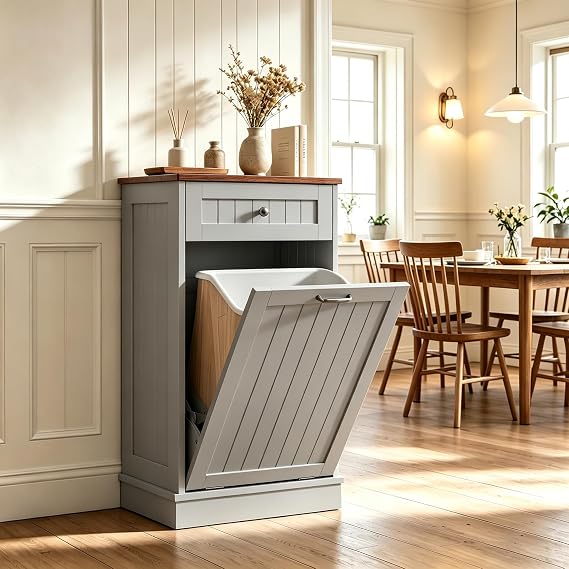 KIGOTY Tilt Out Trash Can Cabinet, Kitchen Garbage Can Cabinets, Gray