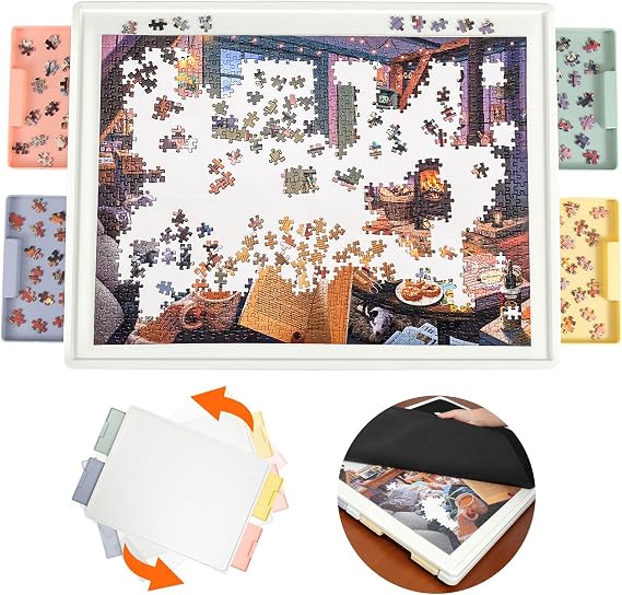 Playboda 1000 Pieces Rotating Plastic Puzzle Board with Drawers and Cover, 30"x22" Portable Spinning Jigsaw Puzzle Table for Adults, Upgraded Lazy Susan, Ideal Gift for Mum