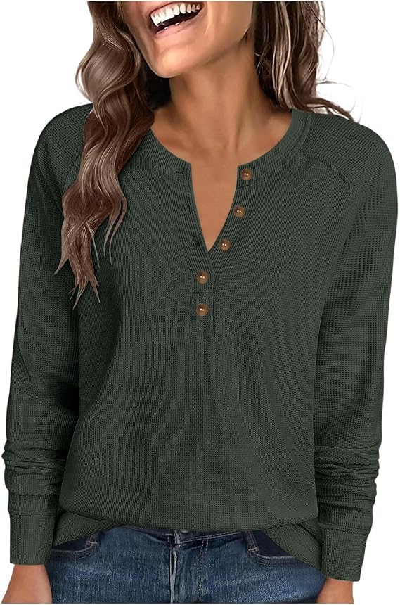 Womens Long Sleeve Shirts Casual Buttons V Neck Waffle Knit Tops Dressy Trendy 2025 Fall Henley Blouses Basic Tees