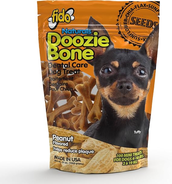 Fido Doozie Bones Dental Care Treats for Dogs, Mini - Peanut Butter Flavor - 100 Count - Plaque & Tartar Control, Freshens Breath & Whitens Teeth - for Small Dogs - Made in USA