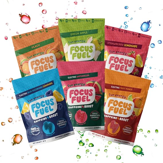 FocusFuel Energy Chews 18-Serving Variety Sampler 100mg Caffeine + L-Theanine + B12 6 Flavors: Blue Razz, Watermelon, Fruit Punch, Peach, Green Apple, Strawberry Lemonade No Crash or Jitters