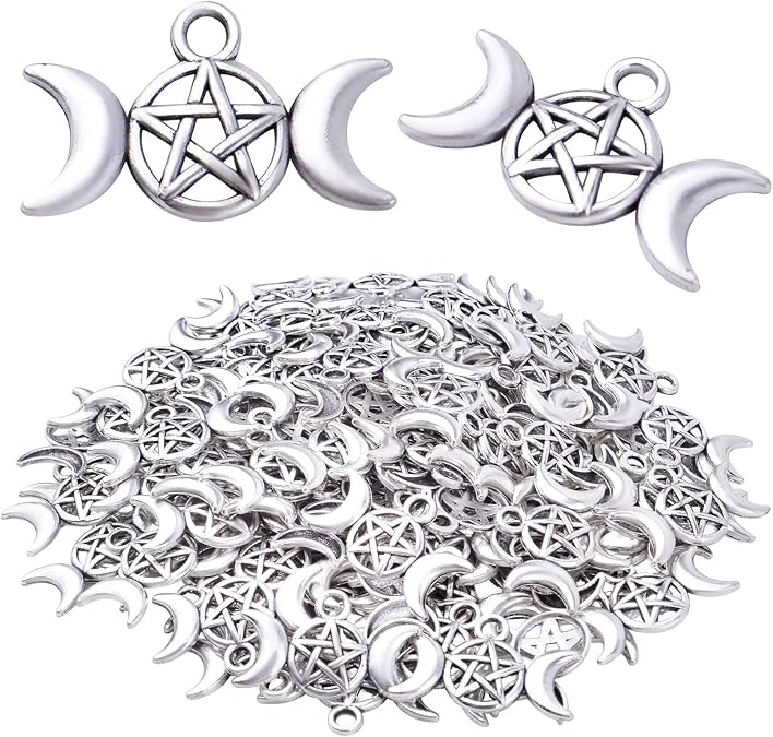 100pcs Triple Moon Goddess Pendants Pentacle Pentagram Charms Vintage Crescent Moon Pendant for DIY Necklace Bracelet Earrings Crafts Jewelry Making