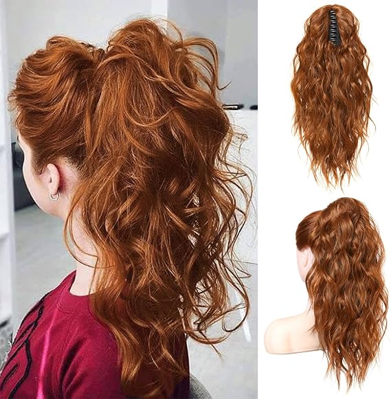 FLUFYMOOZ Ponytail Extension, 18 Inch Claw Clip Ponytail Extension, Wavy Curly Claw Clip in Ponytail Hair Extensions, Synthetic Hairpiece for Women (Cooper red)