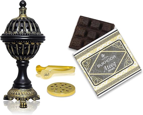 AM Lux Globe Incense Burner Set with Ateeq Bakhoor Amber Oud - Elegant Mabkhara Cone Holder and Premium Oud for Charcoal & Electric Burners | Ideal for Spiritual Decor and Home Fragrance