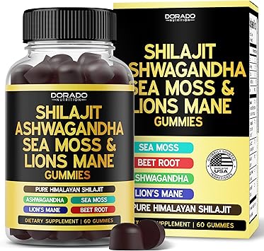Shilajit Gummies with Sea Moss, Ashwagandha & Lions Mane - (Shilajit Supplement for Men & Women, Energy & Immunity Support ) Third Party Tested, Vegan Safe, NON GMO & Made in USA (60 Gummies)