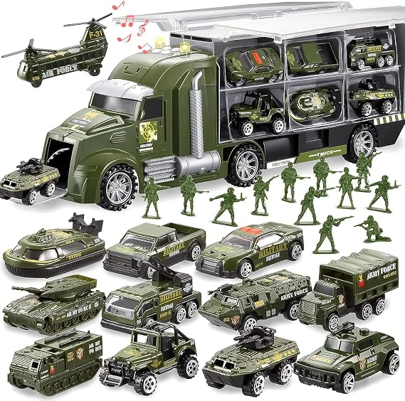 JOYIN 25-in-1 Die-Cast Military Truck Toy Set with Toy Soldiers Army Vehicle Toy in Van with Lights and Sounds Children's Birthday Gifts for Boys from 3 Years (Green)
