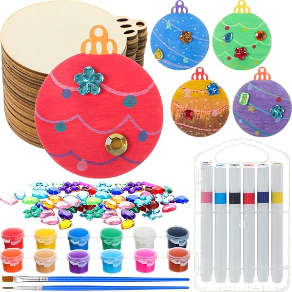 DoubleFill 50pcs Christmas Wood Ornaments Painting Craft Kits for Kids Paint Your Own Xmas Ornaments with 12 Colors of Acrylic Paint, 12 Colors of Markers, and 200 Acrylic Stickers(Ball)