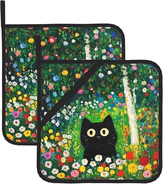 2 Pack Colorful Garden Cats Pot Holders,Heat Resistant Countertop Hot Pads with Hanging Loops,Cute Cats Potholder Set for Kitchen Baking Chef Barbeque,Square,8X8 inch
