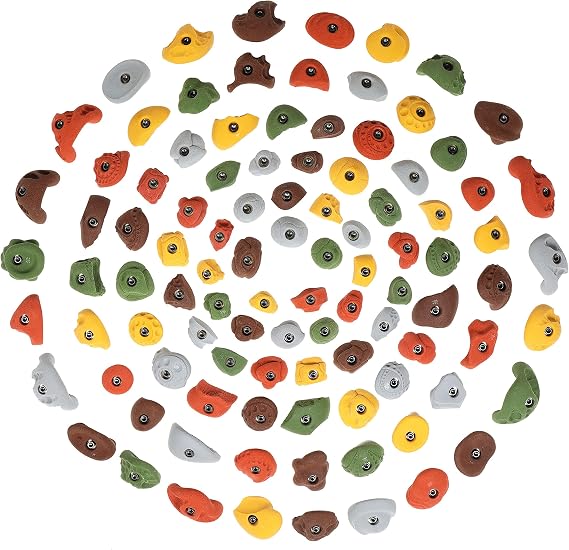 Atomik Rock Climbing Holds Set of 100 Bolt-On Classic in Assorted Earth Tones - Includes Jugs, Edges, Pinches, Footholds for Home Walls