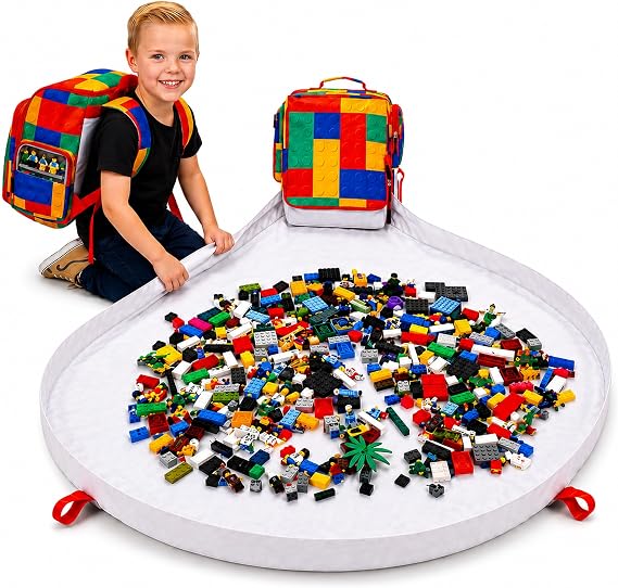 BrickPack LEGO Storage Backpack with Play Mat and Minifigure Display | 60 inch play mat, built in minifigure display, spacious brick storage, fast cleanup, backpack for travel