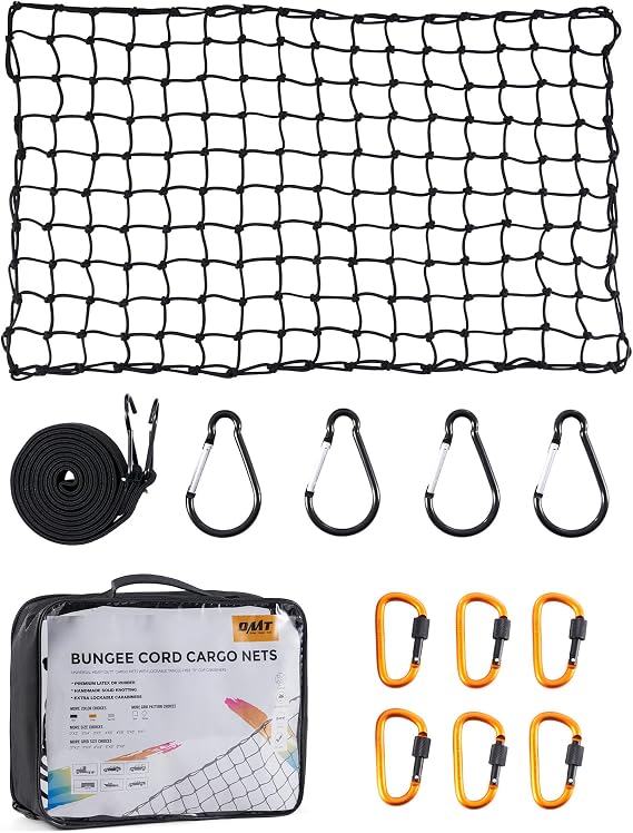 OMT 2x3ft Flat Webbing Cargo Net for Roof Rack & SUV Basket, 2x2in Mesh | 10 Aluminum Carabiners; Premium Polypropylene; Includes Ratchet Strap & Pouch; Anti-Tangling; Weather Resistant Construction