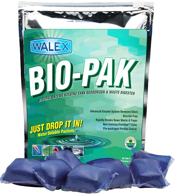 Walex Bio-Pak Black Holding Tank Deodorizer & Waste Digester Drop-Ins - Advanced Enzyme Formula for Rapid Breakdown of Waste & Paper, Removes Odors & Cleans Tank, Biocide Free - Mint, 50-Pack
