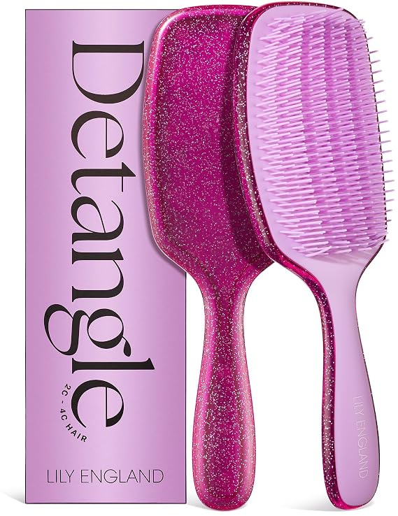 Lily England Curly Detangler Brush for Women - Pain-free Detangling Brush for Wet & Dry Hair With Flexible Bristles - Easy-to-Hold Hairbrush for Women with 3c & 4c Curls - Purple Glitter