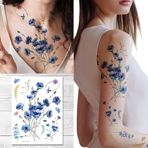Supperb Temporary Tattoos - Watercolor style Handrawn Blue painted flowers floral Daisy Chrysanthemum wildflowers branches leaf Tattoo