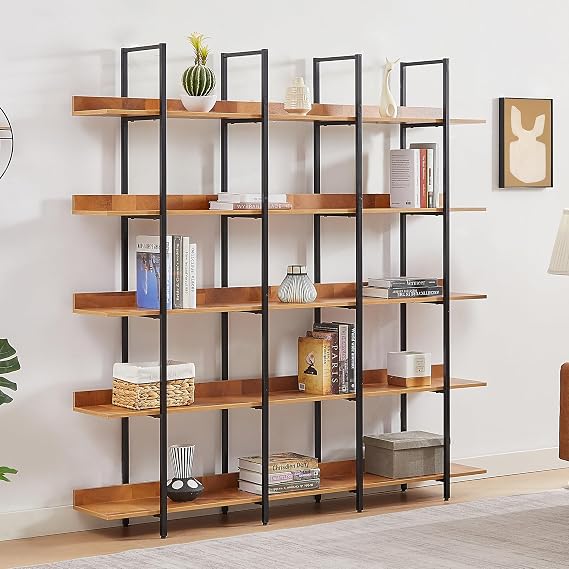 5 Tier Industrial Bookshelf Triple Wide 70.9" Tall Bookcase with Open Shelves Wood Bookshelves with Metal Frame & Foot Pads, Vintage Style, Sturdy Design (Black+Light Brown)