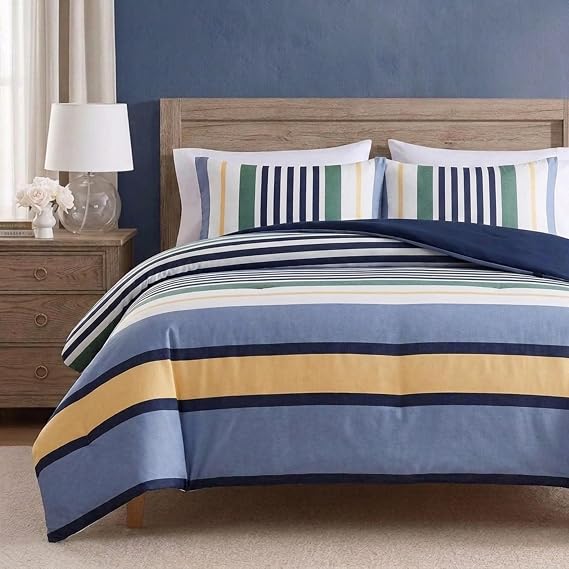Nautica Twin Comforter Set, Reversible Bedding with Matching Sham, Stripe Room Decor, College Dorm Room Essentials (Dover Blue)