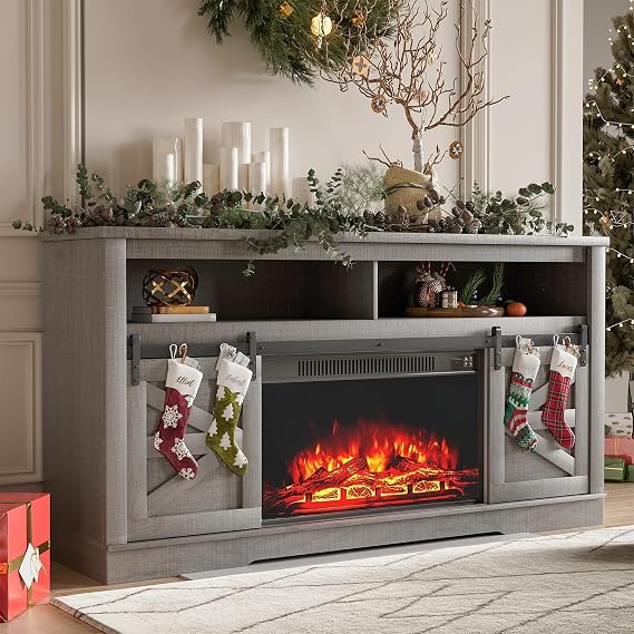YESHOMY Farmhouse Fireplace TV Stand for Television up to 65+ Inch,Gray