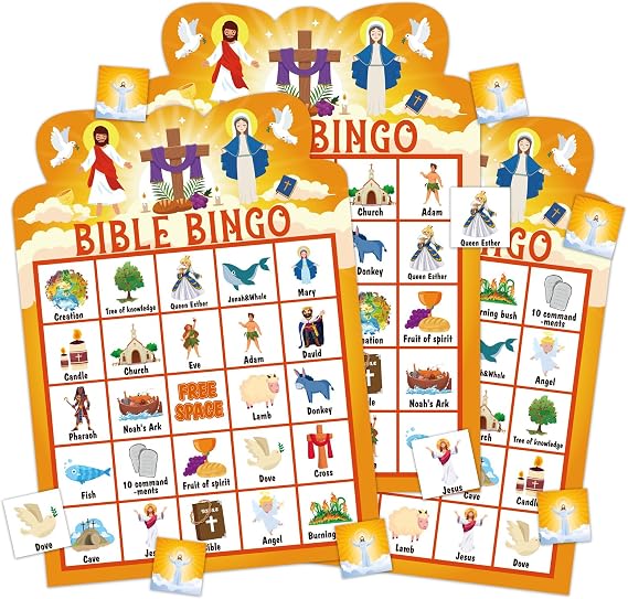 FLYAB Bible Bingo Game for Kids and Adults 26 Players Christian Bingo Cards Set with Cross Chips Religious Games for Vacation Bible Sunday School Church Family Open Day Easter Christmas Party Supplies