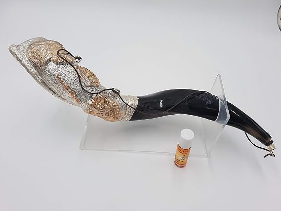 Silver Plated Kudu Shofar for Anointing Oil - Jerusalem Engraved with Two Lions - Display Horn with Stand & Anointing Oil Bottle - 16-19" Curved