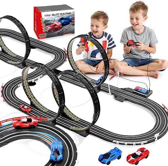 Slot Car Race Track Set for Kids Ages 6-12 Boys & Girls, Dual Racing Game 2 High-Speed Cars 1:64 Scale, Battery or Electric Powered Plug-in Track, Gift Toy Stocking Stuffers for Children