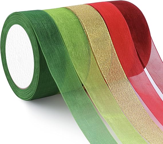 Organza Ribbon Sheer Ribbon, 1" x 125 Yd 5 Rolls Christmas for Gift Wrapping, Bouquet, Wedding, Party Decoration, Christmas