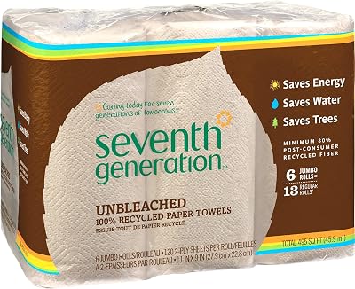 Seventh Generation Natural Unbleached 100% Recycled Paper Kitchen Towel Rolls, 2-Ply, 11 x 9, 120Roll, 24 RollsCarton
