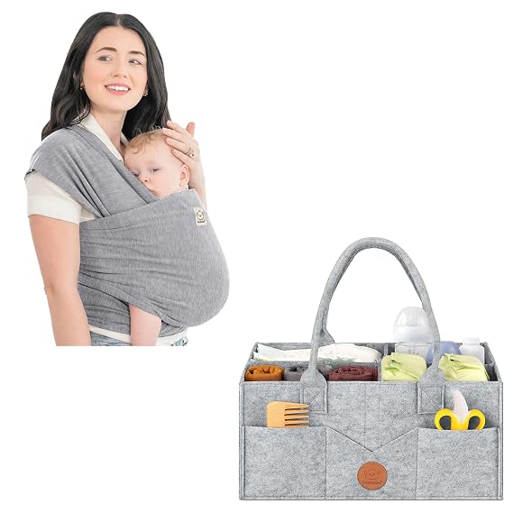 KeaBabies Baby Wrap Carrier and Diaper Caddy Organizer - All in 1 Original Breathable Baby Sling - Hands Free, Lightweight Carrier Sling