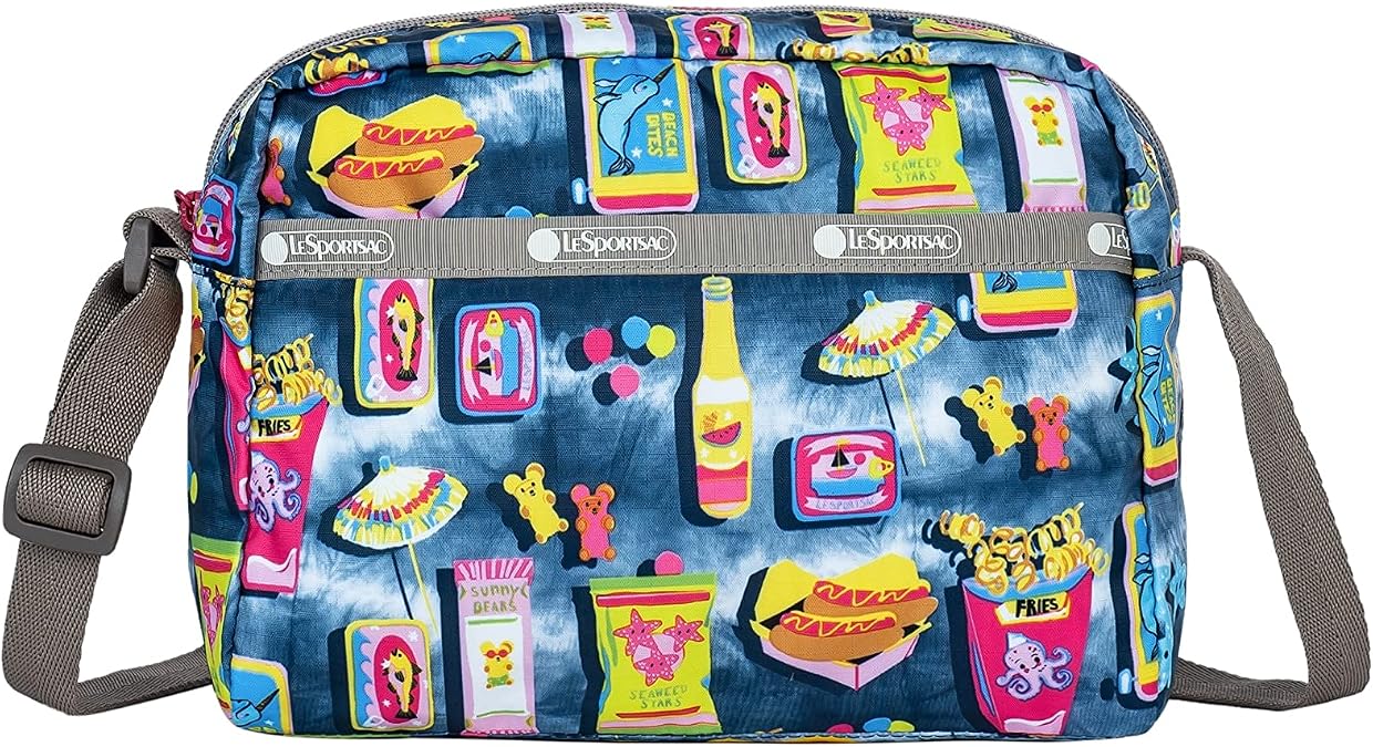 LeSportsac Beach Snacks Daniella Crossbody Bag, Style 2434/Color F949, Vibrant Pop Art Style Beachy Graphics: Hot Dogs, French Fries & Tropical Drinks, Unique Hot Pink Zip Pull