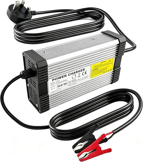 58.4V 10A LiFePO4 Battery Charger for 48V (16S) Lithium Iron Phosphate, High-Power Aluminum Smart Charger with Alligator Clips, NOT for Lead-Acid/Li-ion Batteries