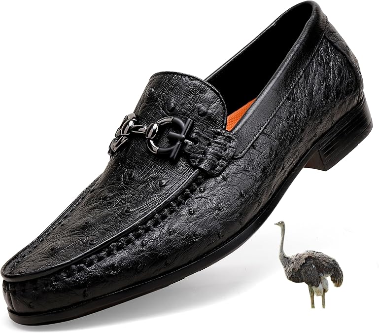 Black Casual Men's Genuine Leather Penny Loafers, Premium Ostrich Patterned Buckle Dress Loafer Shoes Slip on Wedding Party Loafer for Mens