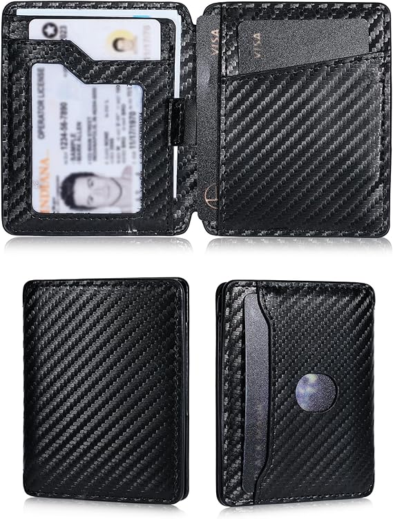 Slim Wallet for Men | Rfid Blocking Bifold Minimalist Front Pocket Wallets | Compact Full Grain Leather ID Credit Card Wallet | Magnetic Closure | Ultra Thin (Carbon Fiber Black)