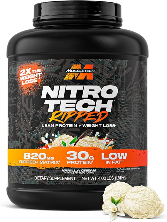 MuscleTech Whey Protein Powder (Vanilla Cream, 4LB) - 30g Protein | Nitro-Tech Ripped Whey Isolate & Peptides Smoothie Mix for Lean Muscle for Women & Men