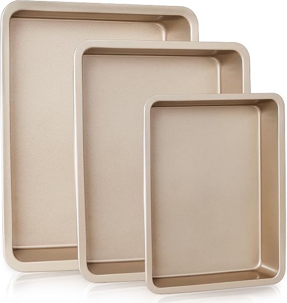 HONGBAKE Deep Baking Pans Set for Oven, Nonstick Rectangle Sheet Cake Pans for Baking, 13/11/9 Inch Rectangular Oven Tray for Cooking Brownie Lasagna, Stackable Multi-Depth Bakeware, Golden