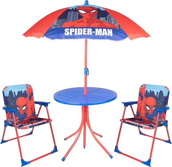 Spiderman Kid's Patio Set, Childrens Garden Furniture 4-Piece Red Patio Set Includes Table, 2x Chairs, Adjustable Parasol, Spider-Man Kids Outdoor Furniture