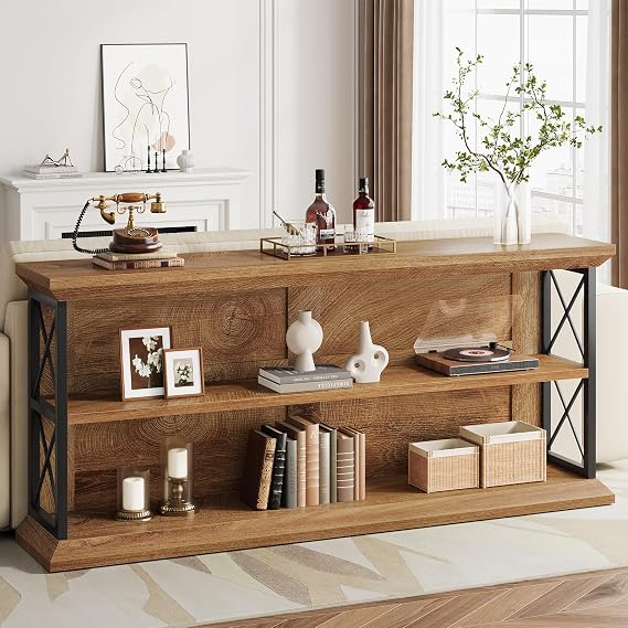 63" Entryway Console Table with 3-Tier Storage Shelf, Behind Couch | 3-Tier Storage 63-Inch Design Industrial Style Reinforced Metal Frame Easy Assembly Closed Back Panel