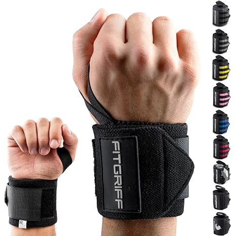 Fitgriff Wrist Wraps for Weightlifting (18") Heavy-Duty Support for Gym, Bench Press, and Pushups (1 Pair) - for Men and Women (Black)