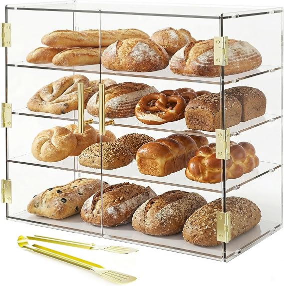 4 Tier Bakery Display Case, Pastry Food Display Cabinet | Elastic Auto Door, 5mm Thickened Acrylic, Easy to Install, Display Case for Retail Dressing Room Bathroom Toys Storage