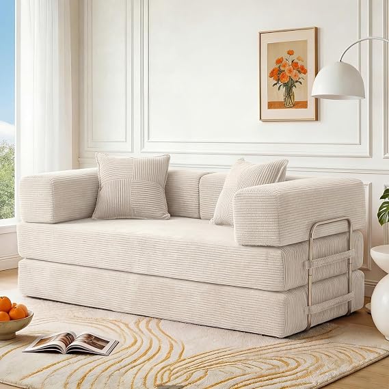 Vipbear Premium 5-in-1 Versatile Frameless Sofa 160 cm Ergonomically Convertible 3 Seater with Memory Foam Fold-Out Sofa Bed for Living Room