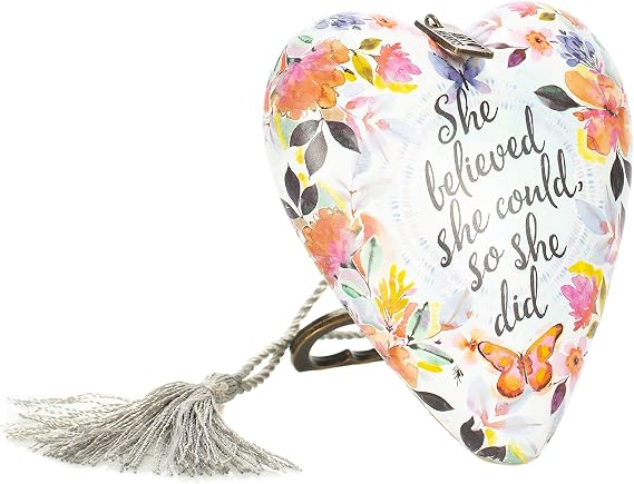 DEMDACO She Believed She Could So She Did Butterfly Floral 4 x 3 Heart Shaped Resin Keepsake Art Hearts Decoration with Key and Tassel