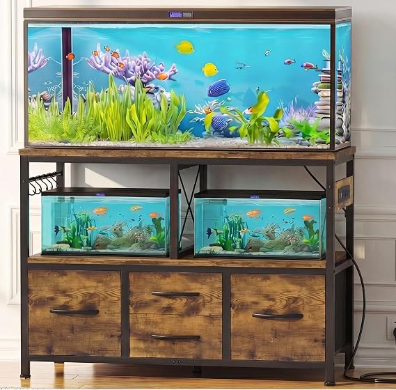 Heybly 40-50 Gal Fish Tank Stand with Drawer, Power Outlet, Rustic HAS004SR