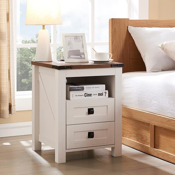 T4TREAM 18" Farmhouse Nightstand with Charging Station, Antique White