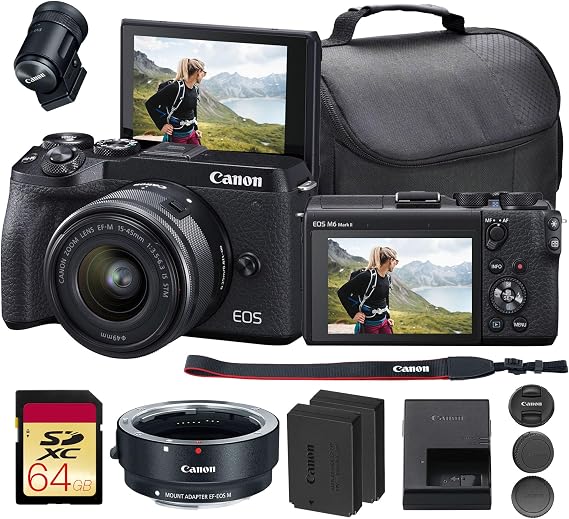 Canon EOS M6 Mark II Mirrorless Camera with 15-45mm Lens & EVF (Black) Bundle | 32.5MP APS-C Sensor, Dual Pixel CMOS AF, 4K Video & High-Speed | for Travel & Content (3611C011) + EF-M Adapter + More