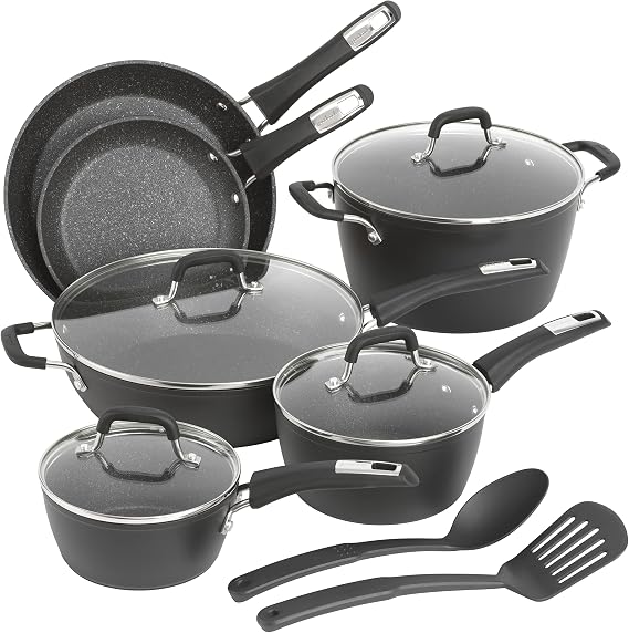 GoodCook 12-Piece Micro-Divot Aluminum Cookware and Utensil Set with Pots, Pans, Spoon, and Turner, Nonstick Pots and Pans Set for Kitchen, Black
