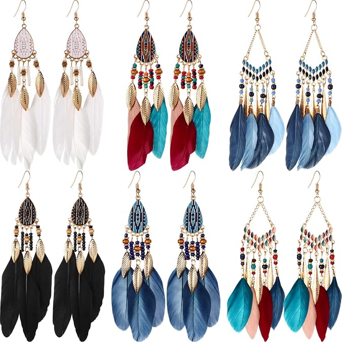 6 Pairs Feather Earrings
