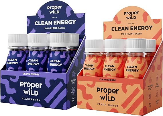 Proper Wild Vegan Energy Shots Variety Bundle Peach Mango + Blackberry (6-Pack Each) - Clean Plant-Based Energy with Organic Caffeine + L-Theanine, 2.5 fl oz