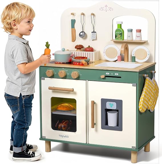Kids Wooden Play Kitchen Set with Play Food, Pretend Play, Sink & Stove