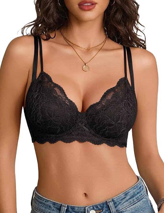 Avidlove Women's Sexy Lace Bra Unlined Mesh Balconette Bras with Underwire | Underwire lace bra,double layer sheer mesh lining,scalloped trim,unlined push up style,great for date night and daily wear