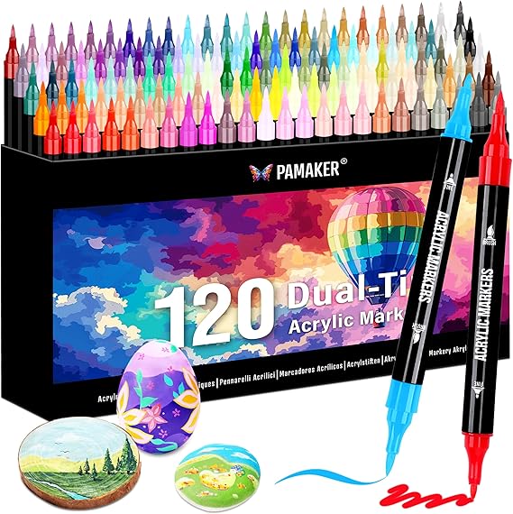 Pamaker 120 Colours Acrylic Pen Set - Acrylic Marker with Fine Tip and Brush for Fabric Canvas Glass Wood and Paper - for Drawing and DIY Craft Projects