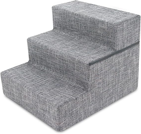 Best Pet Supplies Foldable Foam Pet Steps for Small Pets, Portable Ramp Stairs for Couch, Sofa, High Bed Climbing, Non-Slip Balanced Indoor Step Support, Paw Safe - Ash Gray Linen, 3-Step